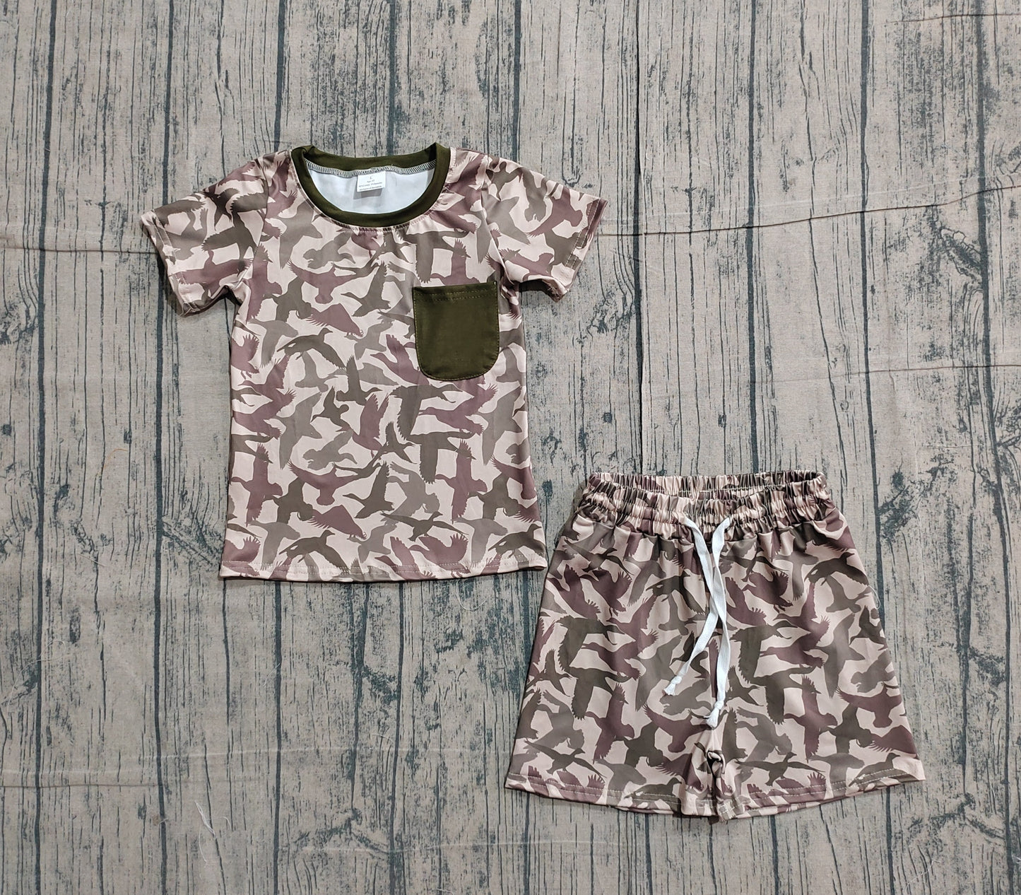 RTS Baby Boys Short Sleeves Pocket Shirt Ducks Green Shorts Hunting Set