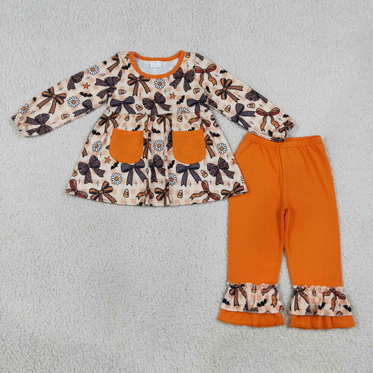 Sibling Baby Girls Kids Bows Flower Candy Pockets Tunic Ruffle Pants Set Halloween Dress Clothes