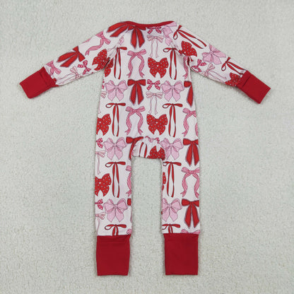 Baby Girls Infant Long Sleeves Hearts Bows Ruffle Zipper Valentine  Romper