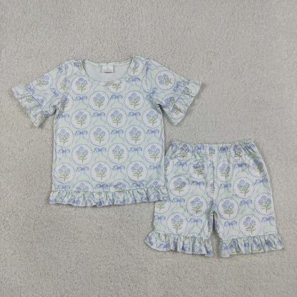 Baby Girls Kids Short Sleeves Blue Bows Flower Shirt Shorts Summer Clothes Set