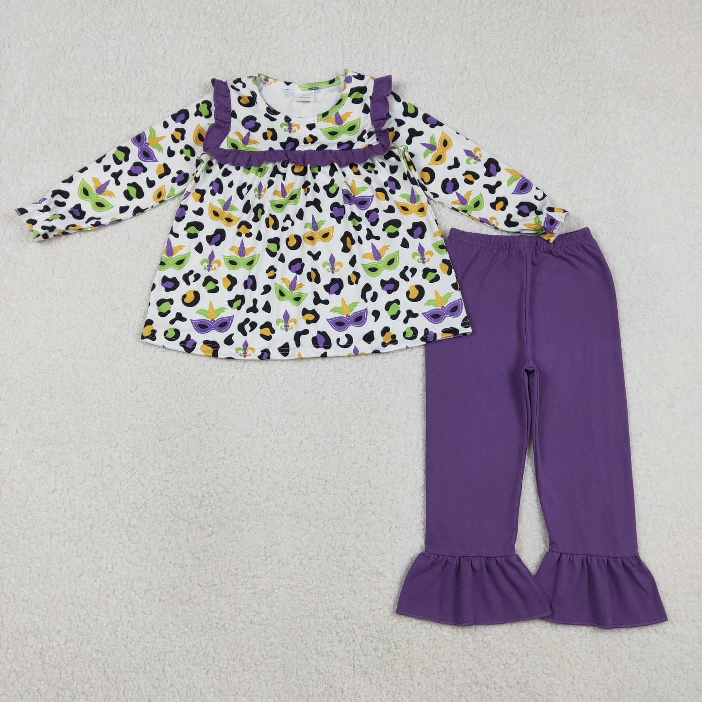 Baby Girls Kids Masks Leopard Ruffle Tunic Purple Pants Mardi Gras Clothes Set