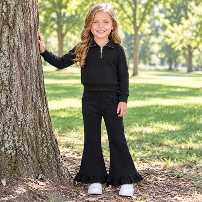 Baby Girls Kids Long Sleeves Black Zipper Shirt Pockets Pants Set Sweatsuit‌ Cotton Clothes