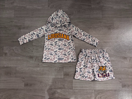 No moq Preorder Baby Boy Kids Long Sleeves Grey Camo Hoodie Shirt Tiger Shorts Team Set