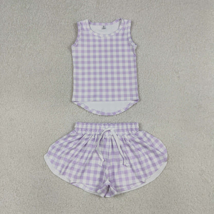RTS Baby Girls Kids Sleeveless Lavender Plaid Tops Shorts Set Yoga Clothes