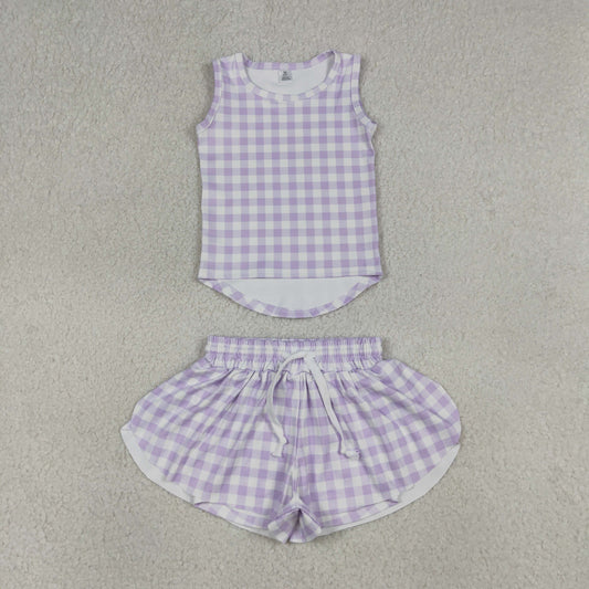 RTS Baby Girls Kids Sleeveless Lavender Plaid Tops Shorts Set Yoga Clothes