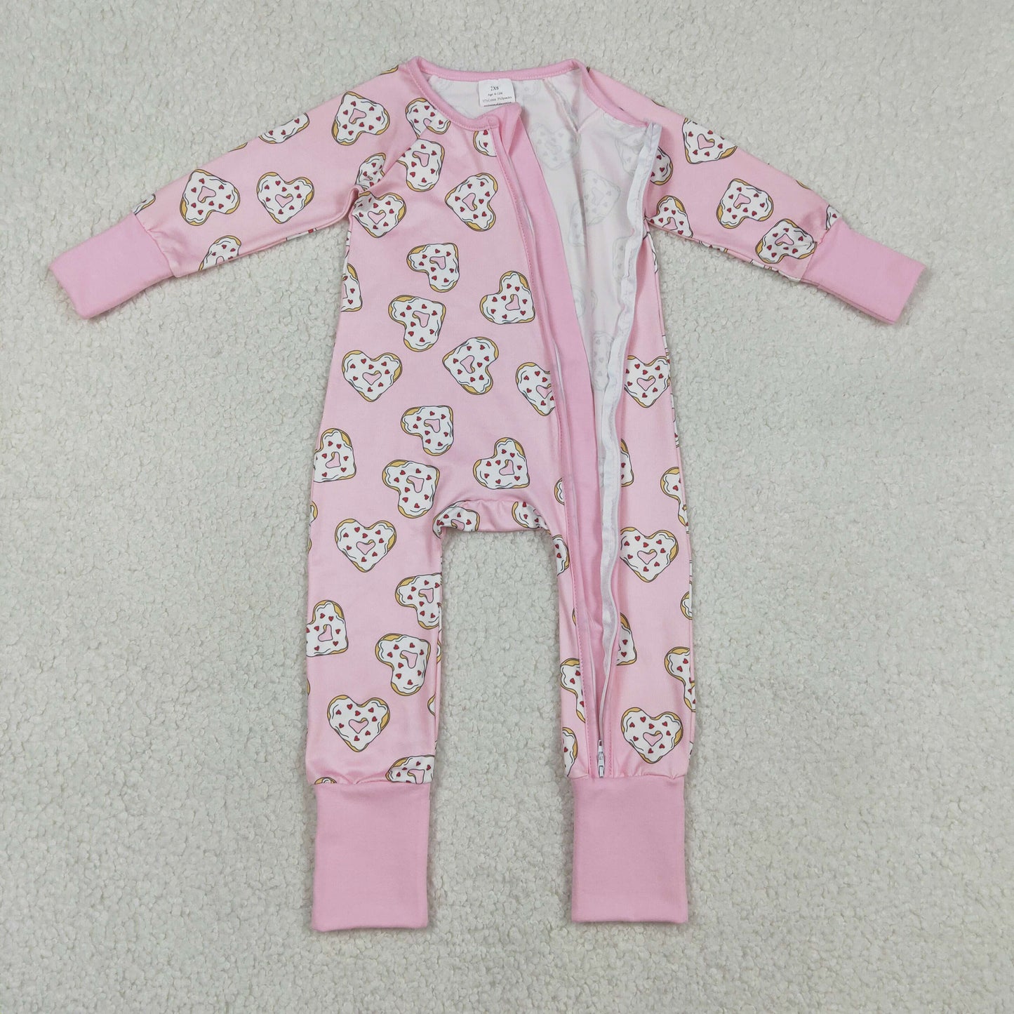 RTS Sibling Baby Girls Kids Long Sleeves Donuts Hearts Valentines Pink Zipper Romper Pajamas Set