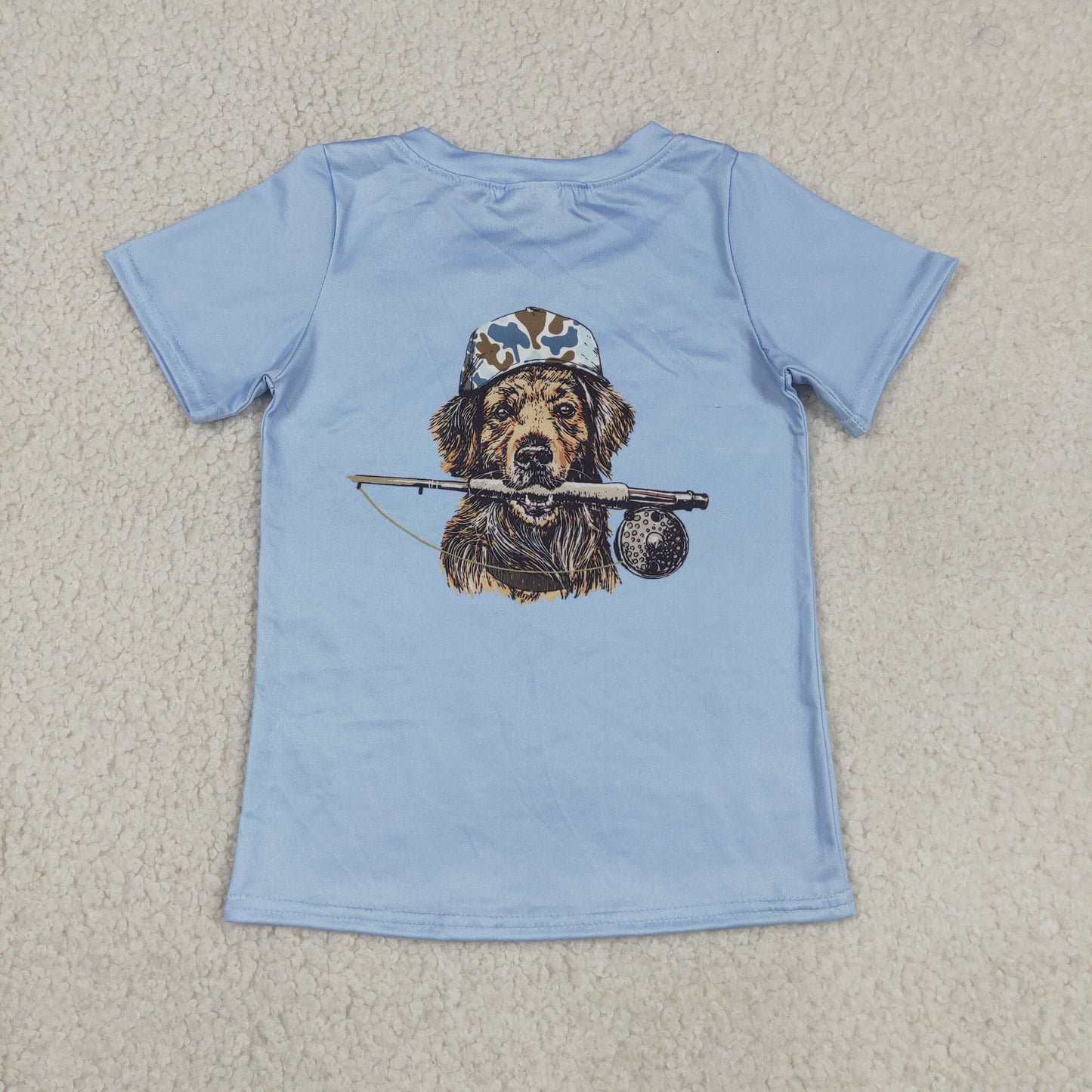 BT1761 Baby Boys Kids Short Sleeves Dog Fishing Blue Shirt Tops