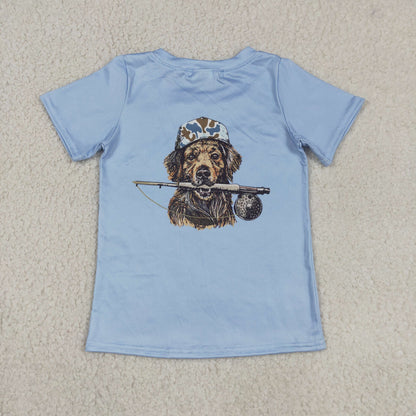 BT1761 Baby Boys Kids Short Sleeves Dog Fishing Blue Shirt Tops