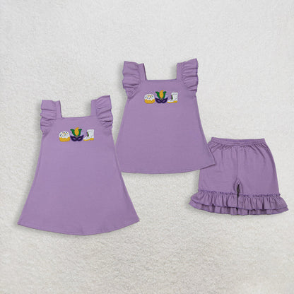 RTS Baby Girls Kids Embroidery Masks Donuts Boots Mardi Gras Purple Dress Set Cotton Clothes