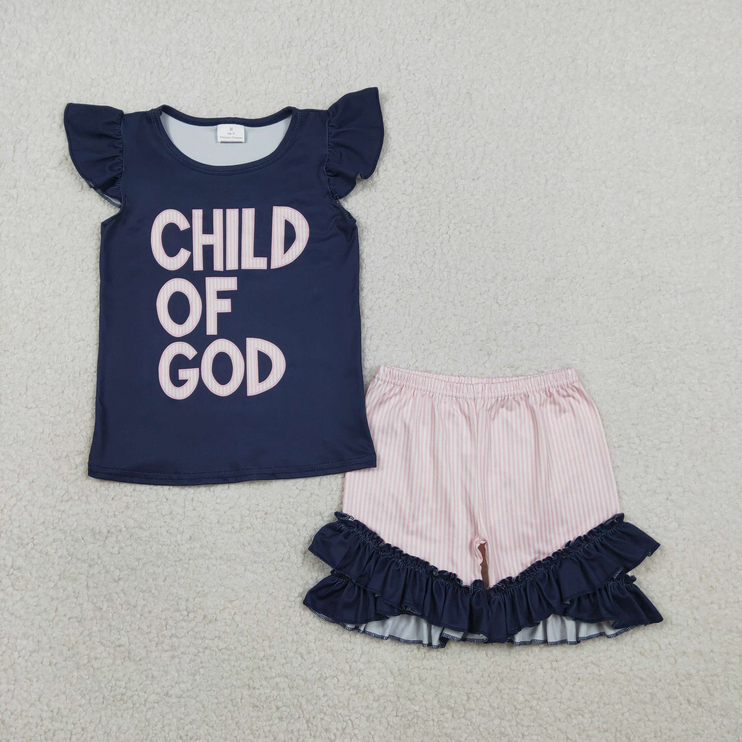 RTS Baby Girls Short Sleeves Child of God Navy Shirt Ruffle Shorts Clothes Set