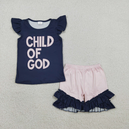 RTS Baby Girls Short Sleeves Child of God Navy Shirt Ruffle Shorts Clothes Set