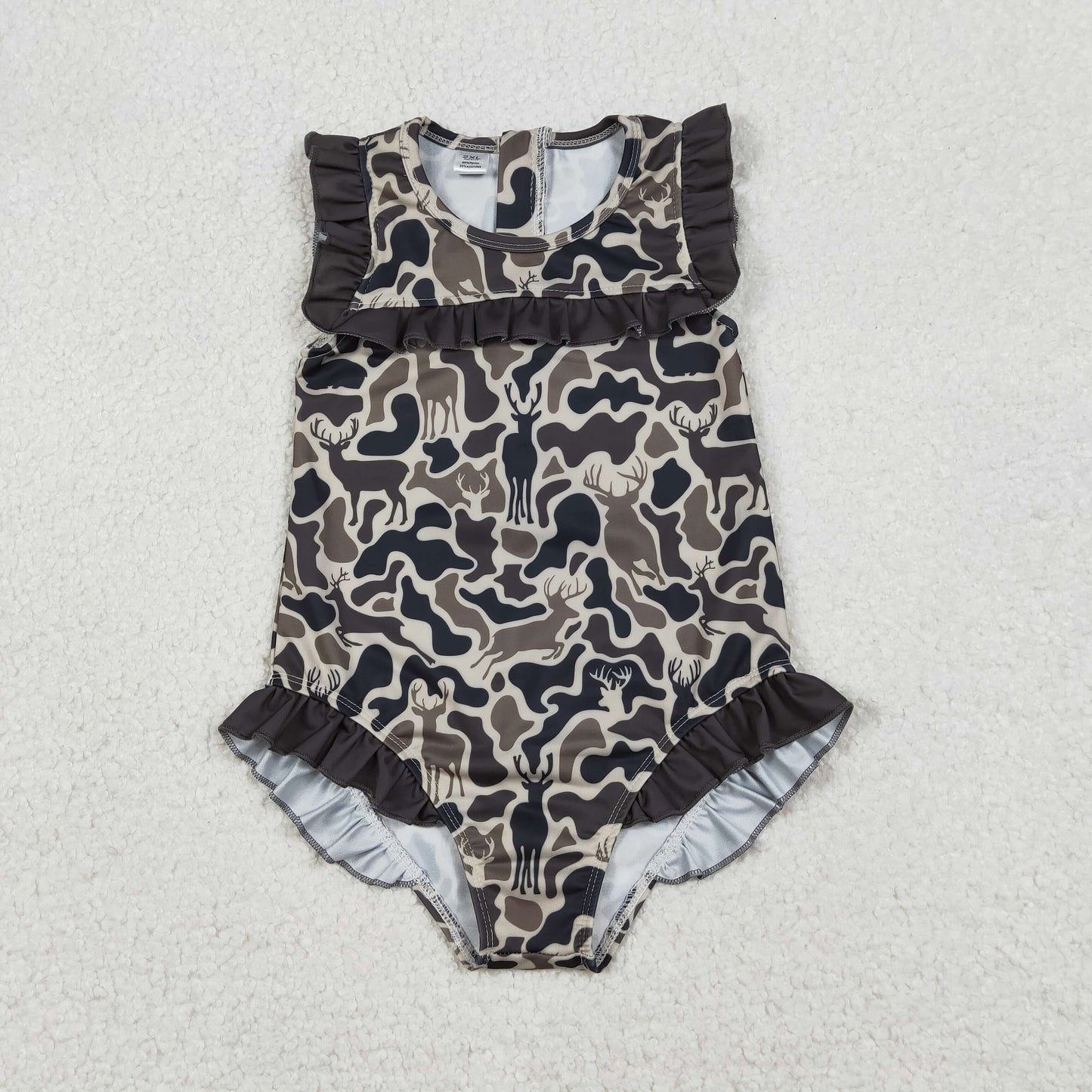 Baby Girls Kids Short Sleeves Deer Camo Ruffle One-piece Swimsuit