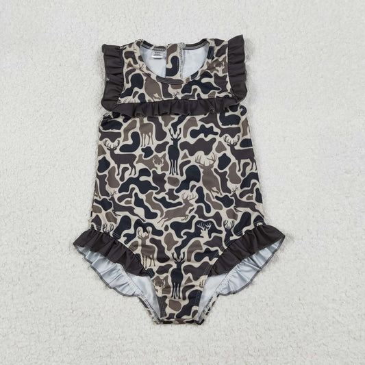 Baby Girls Kids Short Sleeves Deer Camo Ruffle One-piece Swimsuit