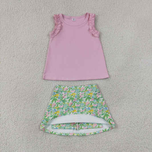 Baby Girls Kids Sleeveless Pink Tops Flower Yoga Skirt Shorts Set