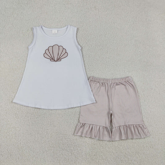 Baby Girls Sleeveless Embroidery Shell Tops Ruffle Stripes Shorts Clothes Set