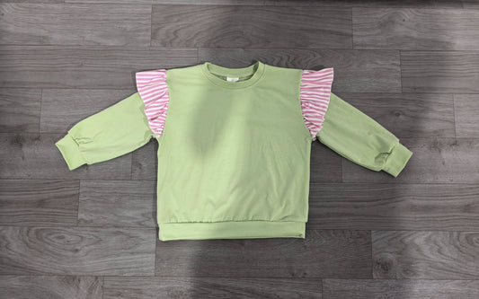 No moq Preorder Baby Girls Toddler Stripes Ruffle Long Sleeves Green Shirt Cotton Clothes