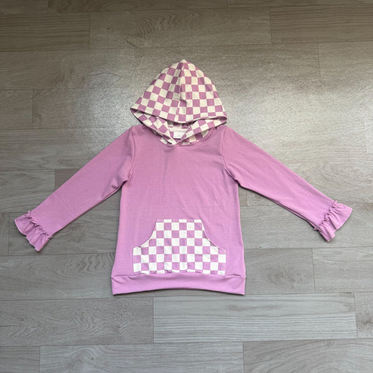 No moq Preorder Baby Girls Kids Purple Hoodie Checked Pocket Pullover Tops Clothes