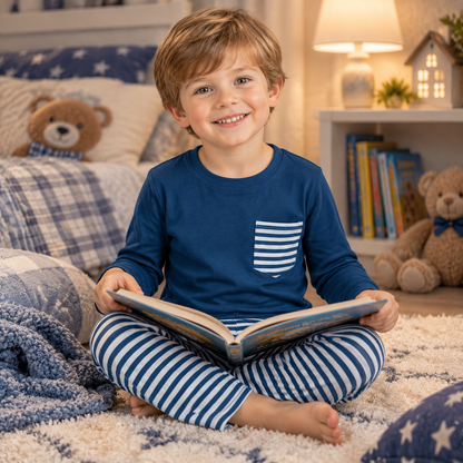 Baby Kids Long Sleeves Blue Shirt Stripes Pants Set Pajamas Clothes