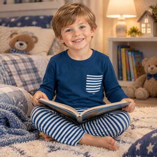 Baby Kids Long Sleeves Blue Shirt Stripes Pants Set Pajamas Clothes