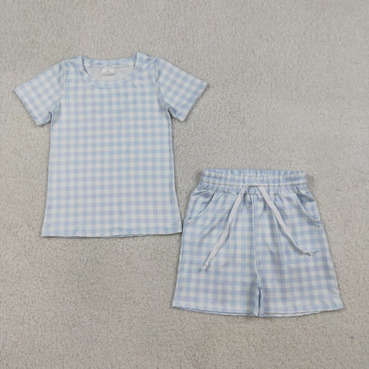 RTS Baby Boys Kids Short Sleeves Blue Plaid Shirt Pockets Shorts Summer Clothes Set