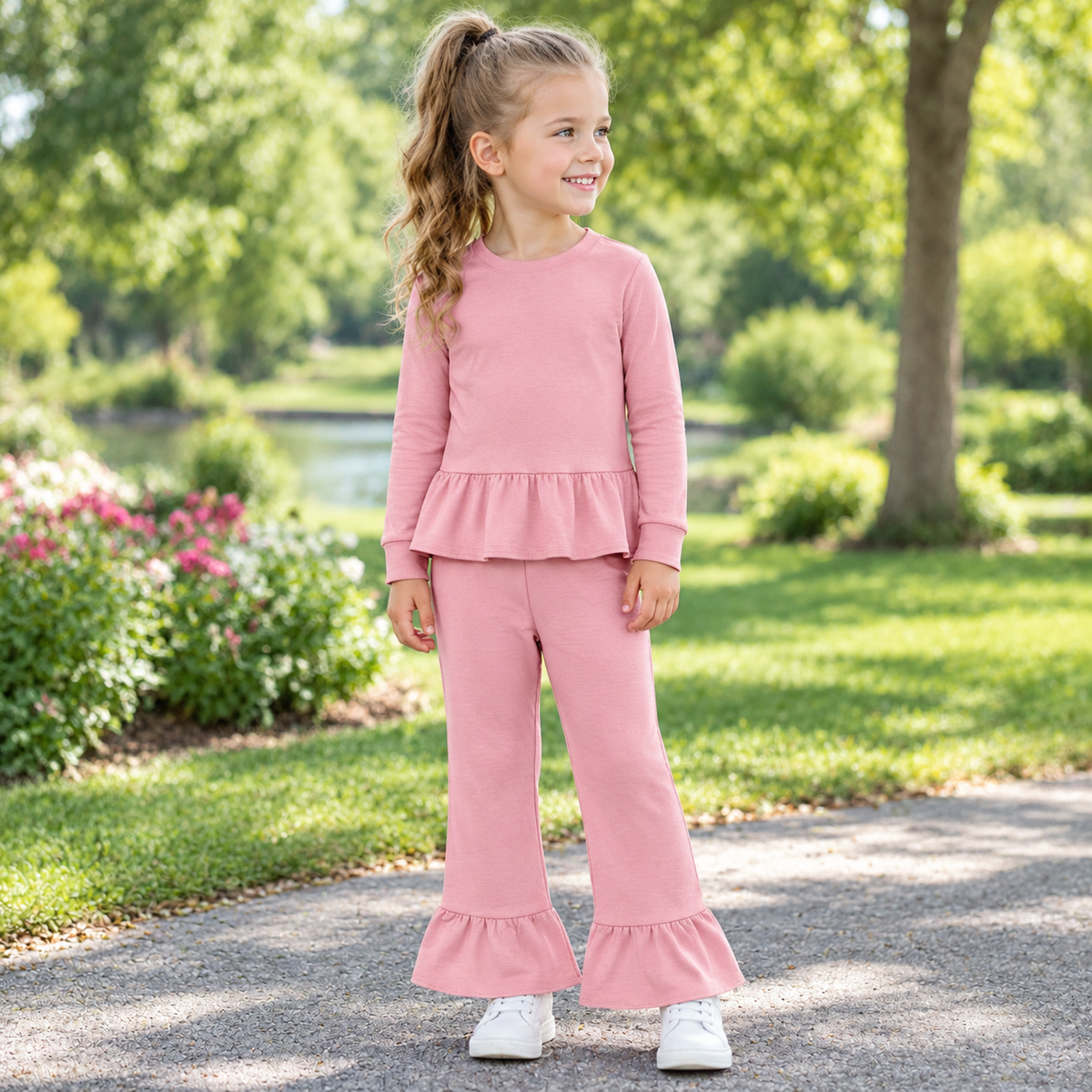 Baby Girls Kids Long Sleeves Ruffle Tops Pants Pink Set Cotton Clothes