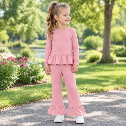 Baby Girls Kids Long Sleeves Ruffle Tops Pants Pink Set Cotton Clothes