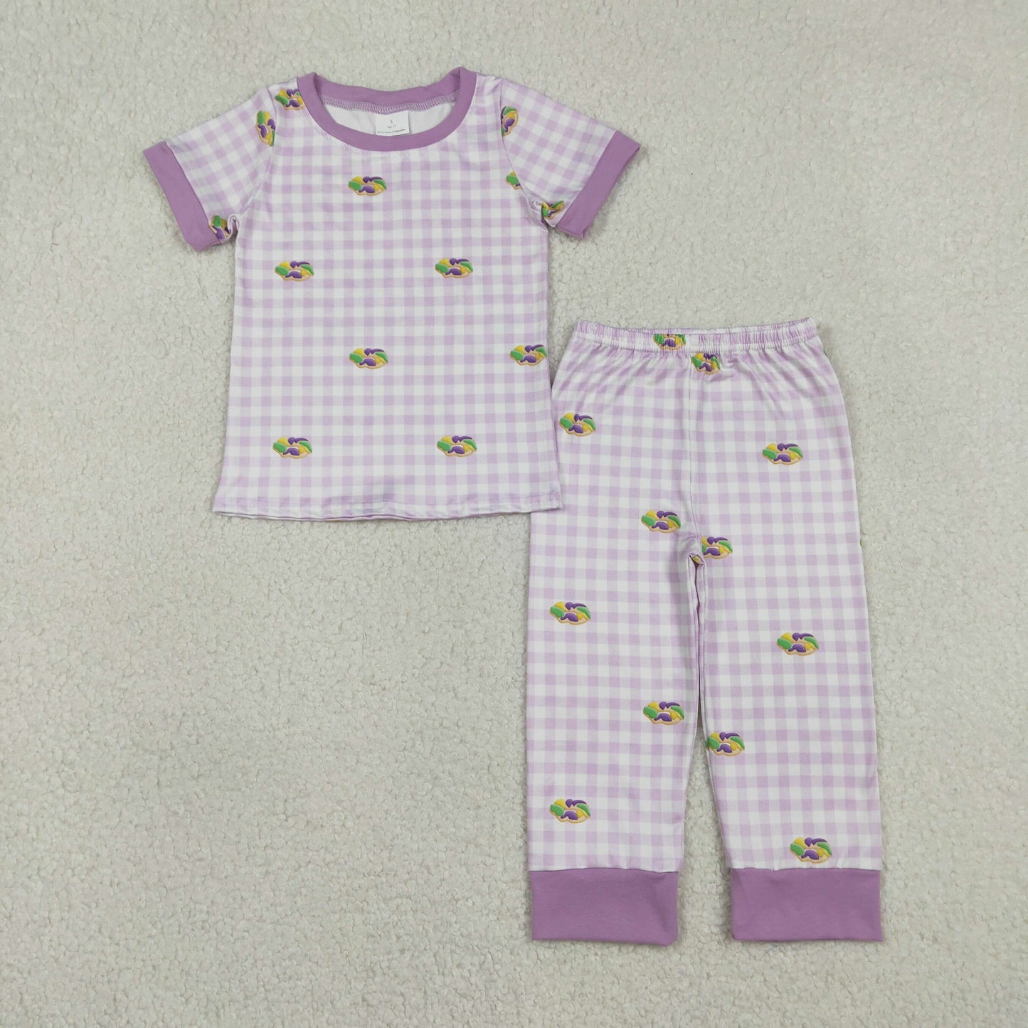 Baby Boys Donuts Shirt Purple Plaid Embroidery Pants Pajamas Mardi Gras Set