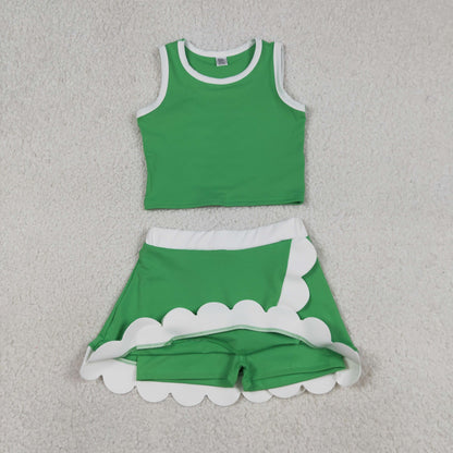 GSD4025 Baby Girls Kids Shirt Scallop Skirt Shorts Yoga Active Green Set Clothes