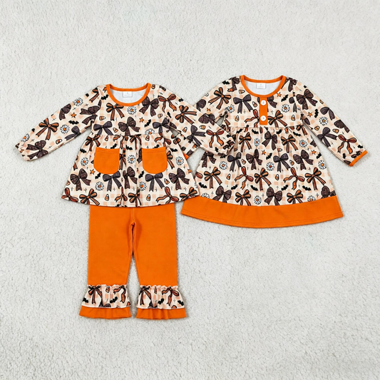 Sibling Baby Girls Kids Bows Flower Candy Pockets Tunic Ruffle Pants Set Halloween Dress Clothes
