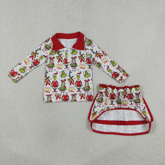 Baby Girls Kids Long Sleeves Green Face Zipper Shirt Skirt Shorts Christmas Set Clothes