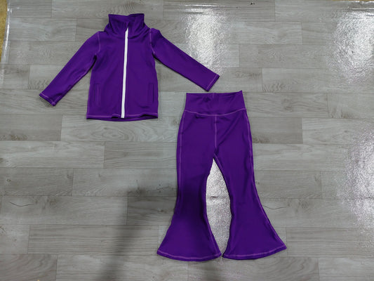 No moq Preorder Baby Girls Kids Pockets Zipper Purple Cardigan Tops Pants Set Yoga Active Clothes