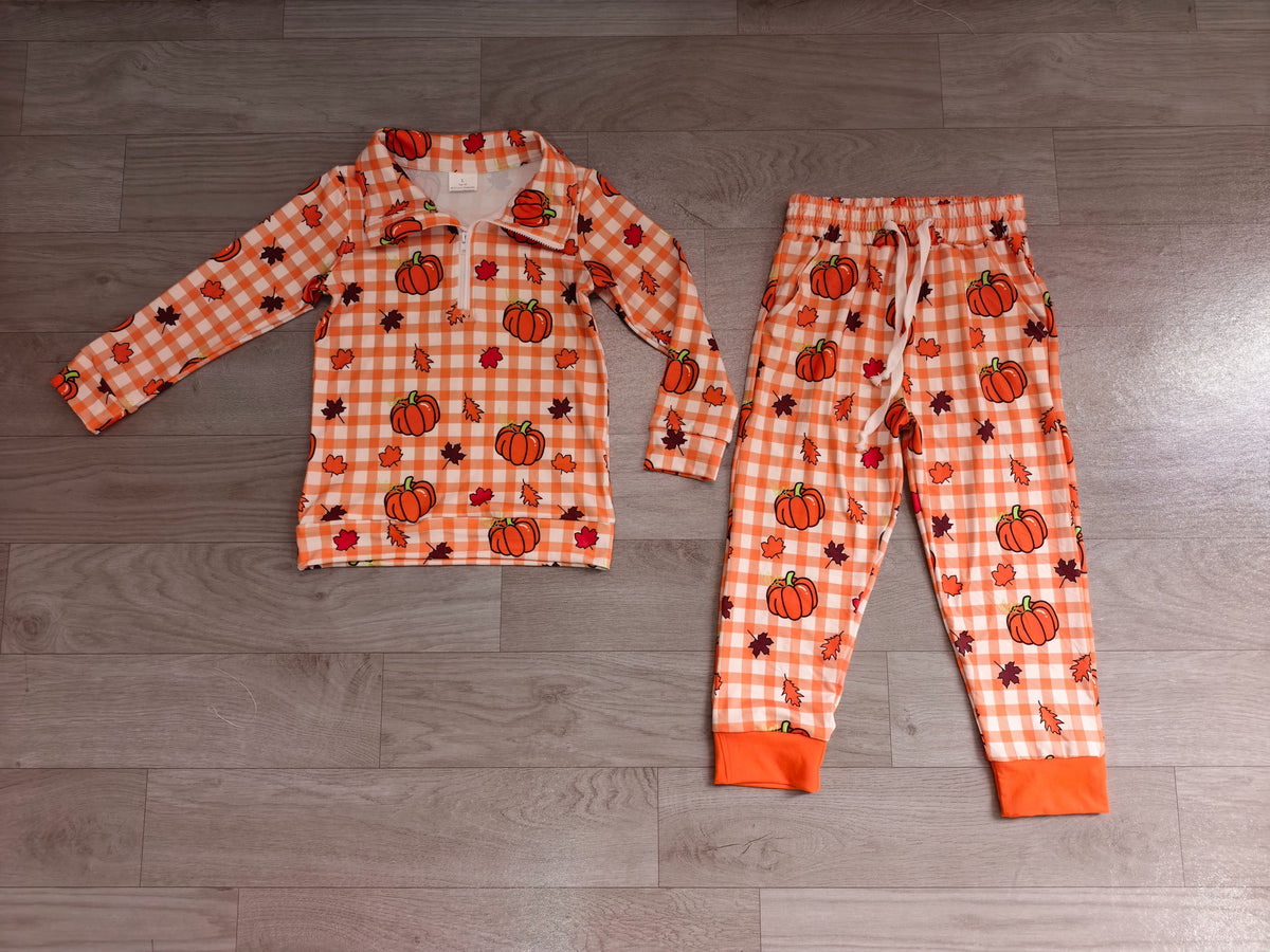 No moq Preorder Baby Boys Kids Pumpkins Plaid Zipper Pullover Pockets Pants Set Fall Clothes