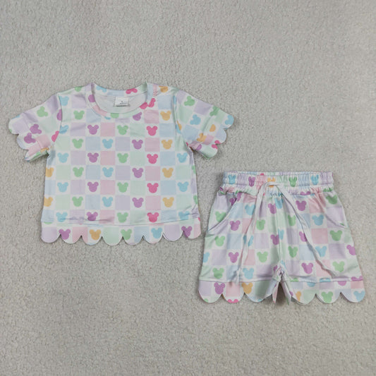 Baby Girls Short Sleeves Cartoon Shirt Scallop Shorts Set Clothes
