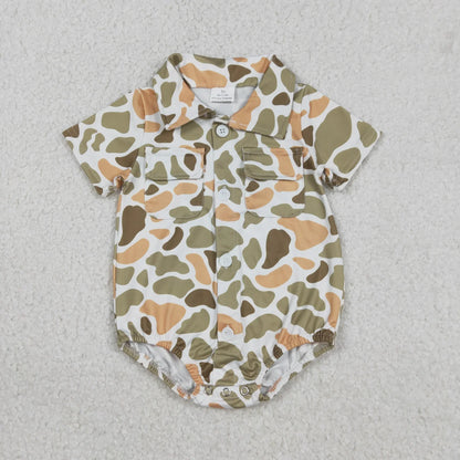Sibling Baby Boys Infant Short Sleeves Camo Print Pockets Hunting Buttons Bubble Rompers
