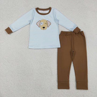 Sibling Baby Boys Kids Embroidery Dog Heart Stripes Valentine's Day Romper Pajamas Set