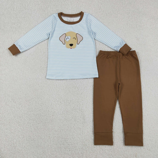 Sibling Baby Boys Kids Embroidery Dog Heart Stripes Valentine's Day Romper Pajamas Set