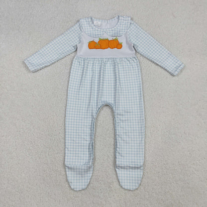 Baby Boy Long Sleeves Embroidery Pumpkins Blue Plaid Thanksgiving Footies Romper