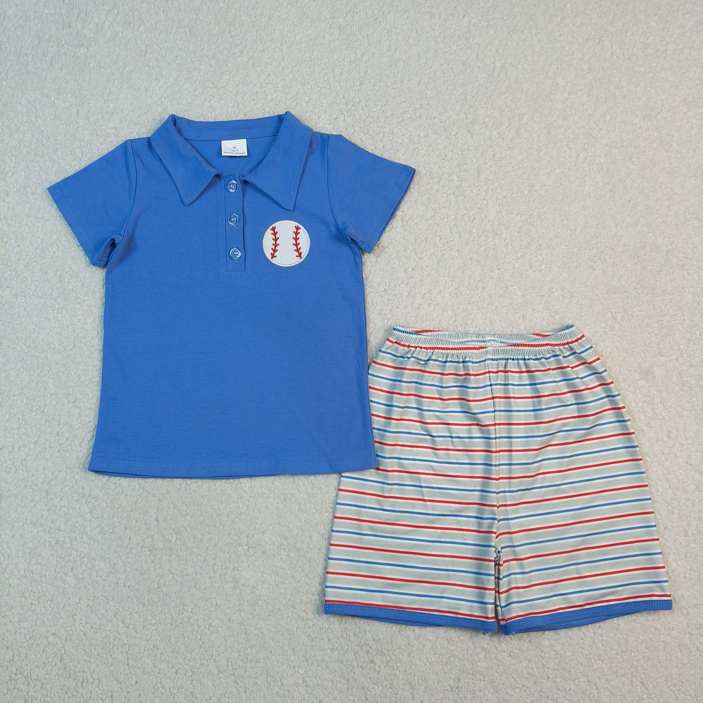 Baby Boys Kids Embroidery Baseball Blue  Polo Shirt Stripes Shorts Summer Set