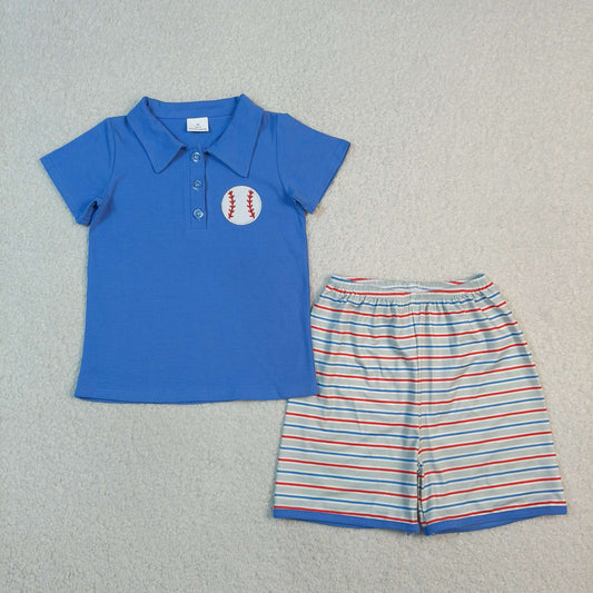 Baby Boys Kids Embroidery Baseball Blue  Polo Shirt Stripes Shorts Summer Set