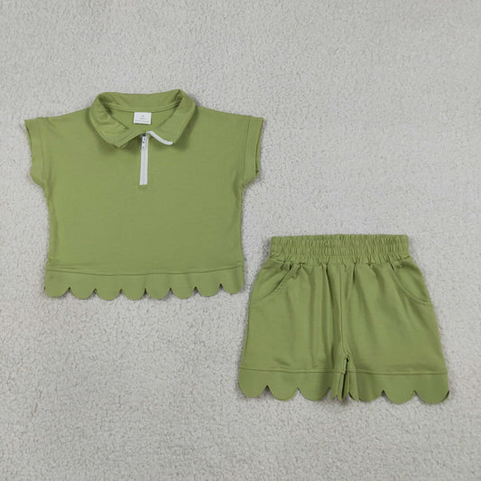 Baby Girls Kids Green Short Sleeves Zipper Pullover Scallop Shorts Set Clothes