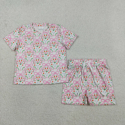 RTS Baby Girls Kids Short Sleeves Bows Floral Shirt Shorts Summer Set