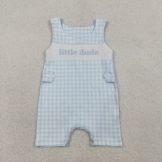 RTS Baby Boys Sleeveless Embroidery Smocked Little Dude Blue Checked Romper