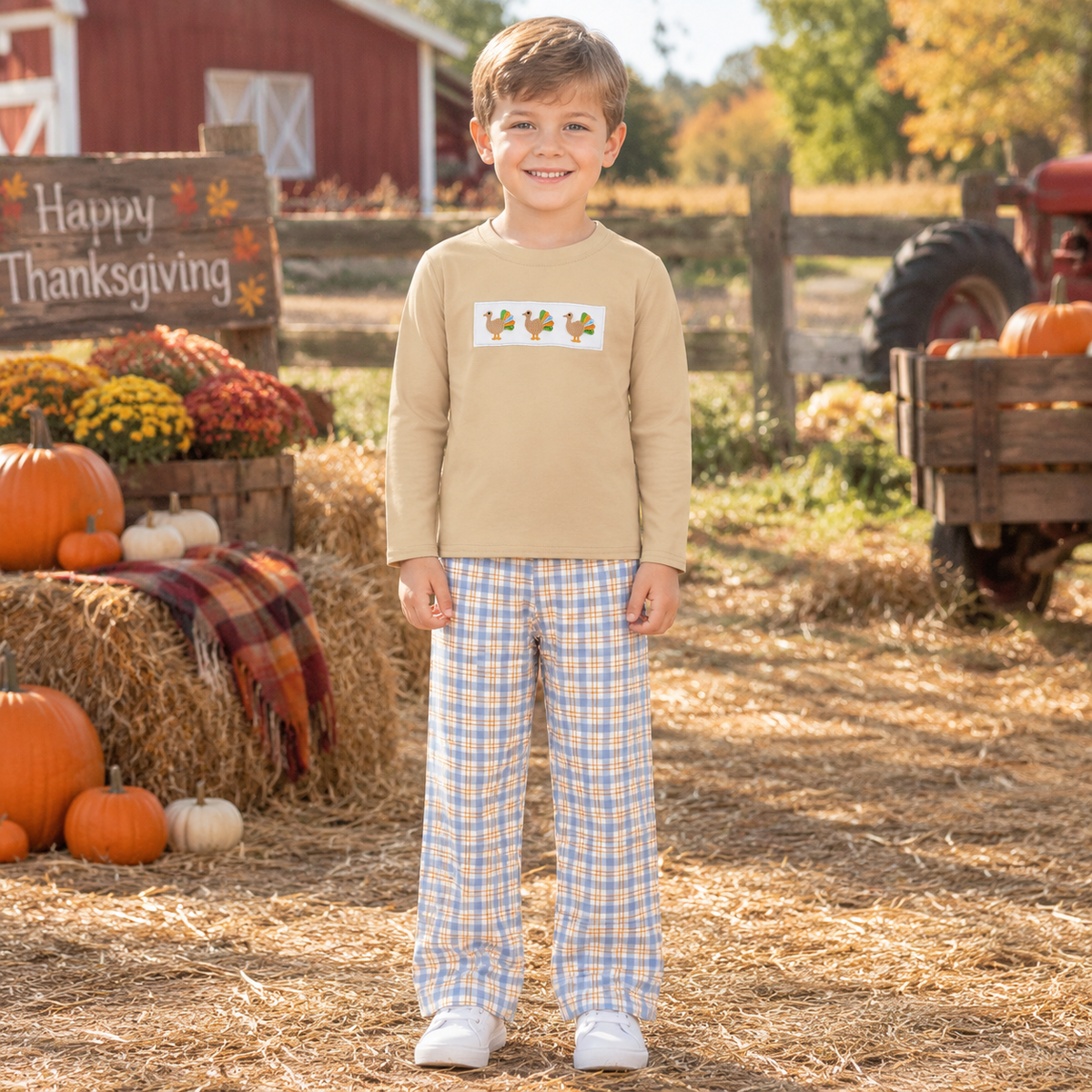 Baby Boys Kids Embroidery turkey Shirt Plaid Pants Set Thanksgiving Clothes