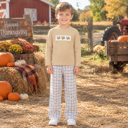 Baby Boys Kids Embroidery turkey Shirt Plaid Pants Set Thanksgiving Clothes
