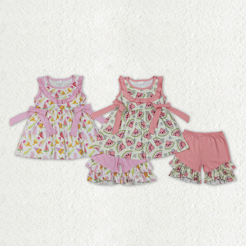 RTS Sibling Baby Girls Kids Watermelon Bows Tunic Ruffle Shorts Sets Summer Clothes