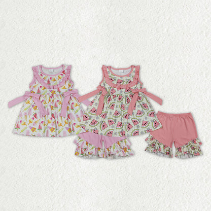 RTS Sibling Baby Girls Kids Watermelon Bows Tunic Ruffle Shorts Sets Summer Clothes