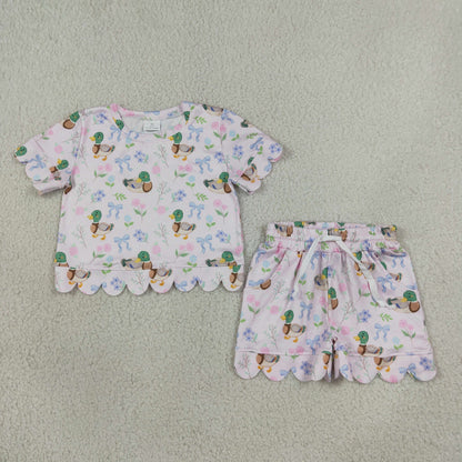 Sibling Baby Girls Kids Ducks Flower Bows Zipper Romper Pockets Set Clothes RTS
