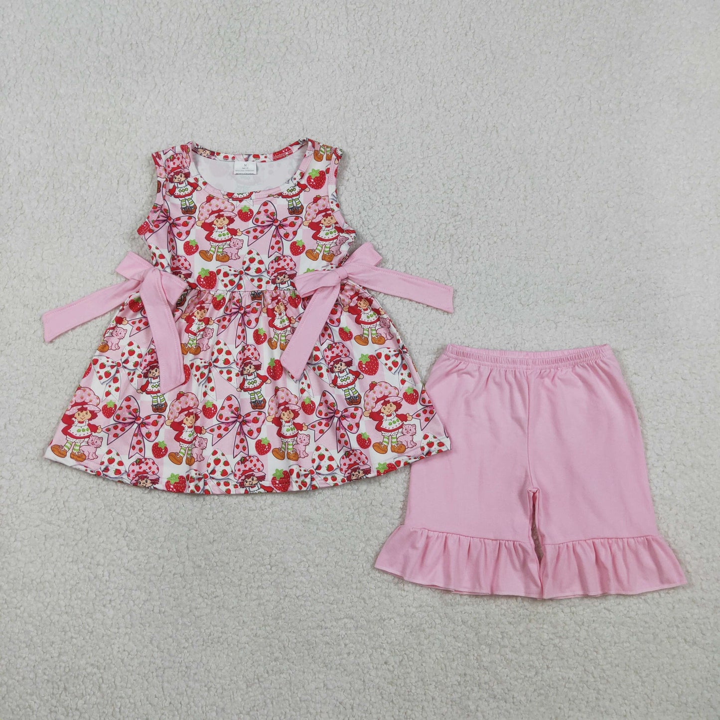 RTS Baby Girls Sleeveless Strawberry Bows Tunic Pink Shorts Summer Clothes Set