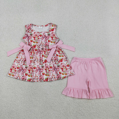 RTS Sibling Baby Girls Sleeveless Strawberry Bows Tunic Shorts Set Romper Summer Clothes