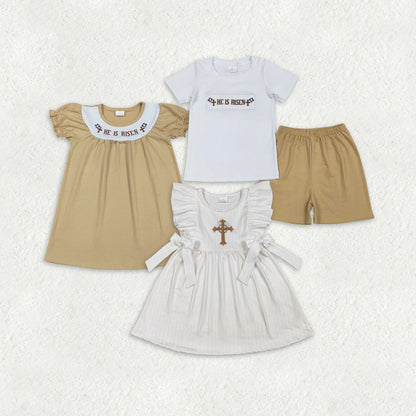 RTS Sibling Baby Boys Girls Short Sleeves Embroidery He is Risen Cross Easter Romper Dress Set